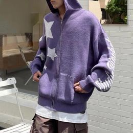 Men's Jackets Star Zipper Cardigan Men Hooded Knitted Sweater Y2K Streetwear Spring Fall American Loose Casual All-match Jacket