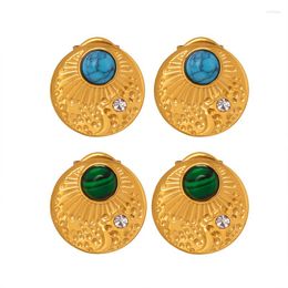 Stud Earrings INS Style Stainless Steel Turquoise Inset Cubic Zirconia Stone Moon Star Round Coin For Girls Geometric