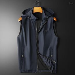 Men's Vests Minglu Hooded Zipper Spring Autumn Vest High Quality Solid Colour Sleeveless Male Outerwear Man Coats Plus Size 5XL
