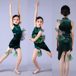 Stage Wear Sleeveless Green Velvet Latin Dancing Dress Girls Irregular Dance Child Ballroom Competition Dresses XS5877