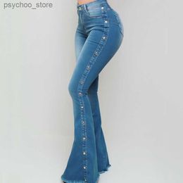 Women's Jeans Plus Size Blue Washed Flare Denim Mom Jeans for Women Winter Spring Clothes Skinny Side Stripe High Waisted Sequined Pant Y2K Q230901