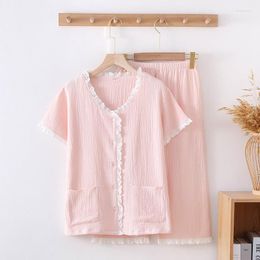 Women's Sleepwear Summer Cute Japanese Lace Cotton Gauze Pajamas Pure Thin Short Sleeved Capris Girls' Home Clothes Pyjama Damen