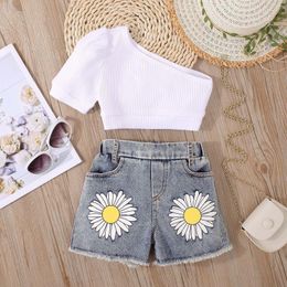 Clothing Sets Baby Toddler Children Set Skew Collar White Shirts Flower Print Denim Shorts 2 Piece Kids Girls Suits 3 4 5 6 7 Year