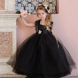 Girl Dresses Flower Elegant Black Fluffy Tulle Sleeveless For Wedding Princess Square Neck First Communion Birthday Party Dress