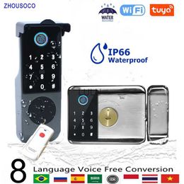 Door Locks Tuya Wifi Waterproof Smart Door Lock Outdoor Garden Fingerprint Lock Card Code Key Remote Unlock Keyless Access Electronic Lock HKD230902