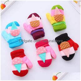 Mittens Lovely Baby Colorf Knitted Gloves Ice Cream Rabbit Bear Flower Deer Cute Kids Mitten With Hanging Rope 8 Different Style Drop Dhfjw