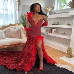 Red Sequin Luxury Evening Dress With Beaded Crystal Sparkly Feather Prom Dress For Black Girls Sexy Slit Formal Pageant Birthday Party Robes De Bal Aso Ebi 2023