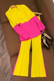 2023 Autumn Yellow Contrast Color Two Piece Pants Sets Long Sleeve Notched-Lapel Single-Button Blazers Top & Flare Trousers Pants Suits Set Two Piece Suits O3G312302