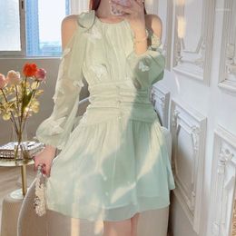 Casual Dresses 2023 Korean Green Sweet Elegant Princess Dress Women Long Sleeve Hollow Mini Vacation Party Spring Summer