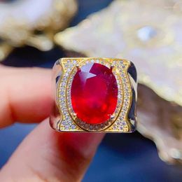 Cluster Rings Super Luxury Natural Heated Ruby Ring For Men 10mm 12mm 5ct Silver 3 Layers 18K Gold Plating 925 Man Jewelry