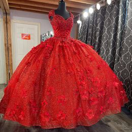 Glittering Red Quinceanera Dresses Floral Beading Crystal Lace 3DFlower Princess Birthday Party Gowns Corset Vestidos De 15 Anos