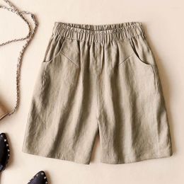 Women's Shorts Cotton Linen Women Summer Vintage Elastic Waist Straight Pants Casual Loose Oversized Quarter Clothing