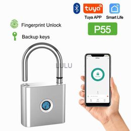Door Locks P55 Tuya BLE Smart Fingerprint Padlock Waterproof Remote Unlock USB Charging Key Unlock Anti-theft Cabinet Door Lock HKD230902