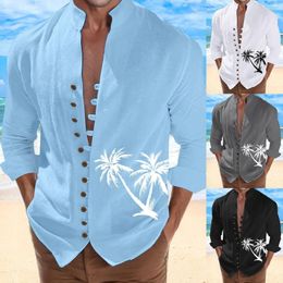 Men's T Shirts Cotton Men Mens Holiday Seaside Leisure Loose Button Stand Collar Digital 3D Printed Shirt Long Sleeve Light