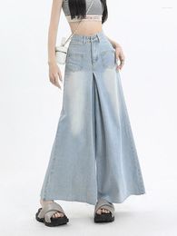 Women's Jeans Baggy Woman High Waisted Light Blue Button Denim Pants Wide Leg Trousers Y2K Streetwear Vintage Fashion 2023 Spring