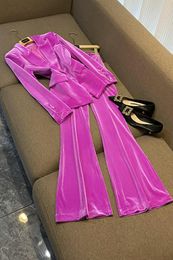 2023 Autumn Magenta Velour Two Piece Pants Sets Long Sleeve Notched-Lapel Single-Breasted Blazers Top & Flare Trousers Pants Suits Set Two Piece Suits O3G302571