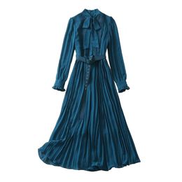 Autumn Blue Solid Color Ribbon Tie Bow Dress Long Sleeve Round Neck Pleated Midi Casual Dresses A3Q191340 Plus Size XXL