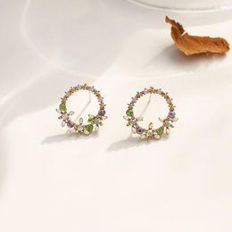 Stud Earrings 2023 Korean Colorful Rhinestone Wreath For Women Sweet Flower Shell Bohemia Style Earring Party Jewelry