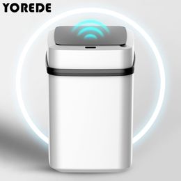 Waste Bins YOREDE Automatic Sensor Trash Can With Cover Samrt Home Garbage Bin For Kitchen Bathroom 13L15L Rechargeable Square 230901