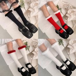 Women Socks 1 Pair Girls Sweet Style Knee High Fur Trim Student Stockings 37JB
