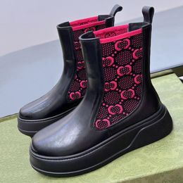 Damen-Strickstiefel, schwarz, echtes Leder, Plateau-Stiefeletten, flach, bequem, für Herren, Ritterstiefel, runde Spitze, Slip-On-Booties, flache Chelsea-Stiefel, Luxus-Designer-Schuhe, mit Box