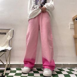 Women's Jeans Pink For Women Gradient High Waist Vintage American Fashion Y2K Streetwear Wide Leg Jean Female Trouser Baggy Denim Pants
