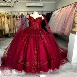 Fairy Burgundy Quinceanera Dress 2023 With Florals Elegant Cape Ball Gown Princess Prom Dress Pageant Dress Vestidos De 15 Anos Vestidos Debutantes Masquerade