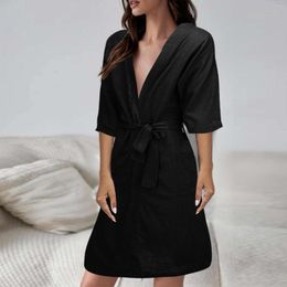 Women's Sleepwear Bathrobe Absorbent Sweat Thin Short Sleeved Long Home Clothes Solid Colour Linen Pyjamas Robe Nightgown