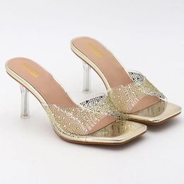 Slippers 2023 Women Fashion Summer 8.5cm High Heels Slide Black Sandals Luxury Gold Crystal Sequin Mules Lady Fetish Party Shoes