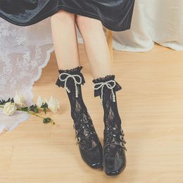 Women Socks HIANNECY Original Lovely Lace Girl's Black Flower Pearl JK Calf Lolita Student Summer Ultra-thin Silk White