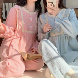 Women's Sleepwear Autumn Winter Ins Sweet Lace Fine Plaid Pajamas Students Japanese Cute Long-sleeve Trousers 2-piece Suit D504