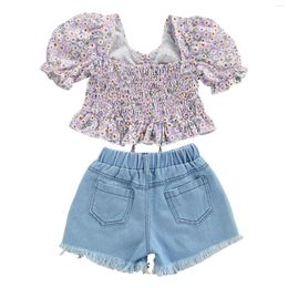 Clothing Sets Girl Short Sleeve Tops Shorts Suit Floral Lace Up Ruffle Summer Shirt Denim Ripped Pants 2023 Fashion Children's