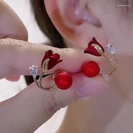 Stud Earrings Fashion Red Rose Rhinestone For Women French Light Luxury Pearl Flowers Earring Bride Wedding Jewelry