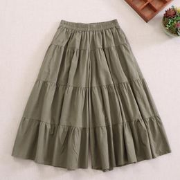 Women's Pants Spring Japanese Sen Casual Cake Wide Leg Loose Versatile Elastic Waist Slim Solid Cotton Skirt