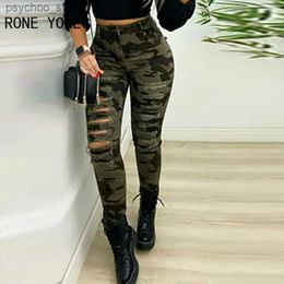 Women's Jeans Women Casual Camouflage Print Fringe Hem Cutout Jeans Women Pants Q230901