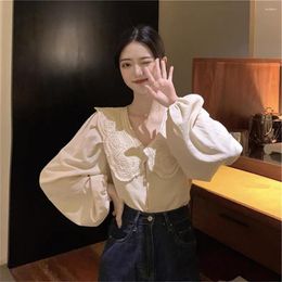 Women's Blouses Doll Collar Lady Top Chic V-neck Lantern Sleeve Soft Casual Sweet Style For Spring Fall Commutes Women