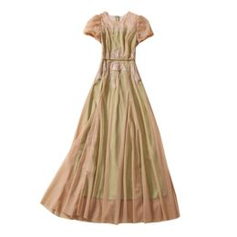 Autumn Green Floral Embroidery Tulle Dress Short Sleeve Round Neck Panelled Long Maxi Casual Dresses A3Q191340