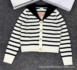 Womens Casual Knits & Tees designer MU Family Early Spring New Letter Knitted Stripe Cardigan Navy Neck Sweater