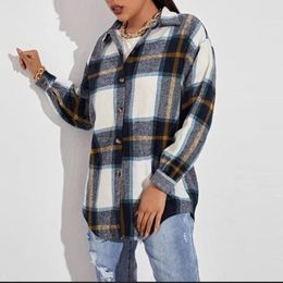 Women's Blouses Womens Color Block Plaid Shirts Button Down Flannel Cardigan Long Sleeve Warm Pockets Blouse Coat Women Autumn 2023