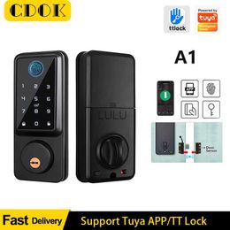 Door Locks CDOK A1 Auto Fingerprint Deadbolt Smart Door Lock TT Lock/ Tuya WiFi Digital Lock With Door Sensor Password/IC Card/APP/Key HKD230902