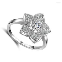 Cluster Rings 925 Sterling Silver Ring Plant Series Sharp Corner Flower Ornament White Crystal Cubic Zirconia For Women Girl Birthday