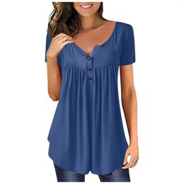 Women's Blouses Womens Casual Short Sleeve Loose T-Shirts Solid Color Button Pleated Tunic Tops Shirts Summer Clothes Blusa Feminina