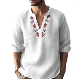 Men's T Shirts V-neck Men Shirt Long-sleeved Geometric Print Stylish Long Sleeve Pullover With Loose Fit Solid