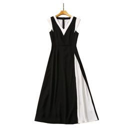 Summer Black Contrast Colour Panelled Dress Sleeveless V-Neck Long Casual Dresses A3Q191340 Plus Size XXL