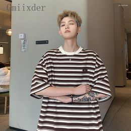 Men's T Shirts Gmiixder Striped Short Sleeved T-shirt For Summer Trend Casual Preppy Tees Lette Print O-neck Loose Fitting