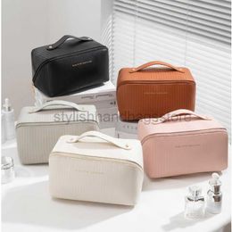 Totes PU Women's Portable Makeup Bag Large Capacity Luxury Brand Makeup Bag Ins Vertical Pattern Wash Bag Waterproof Women's Beauty Boxstylishhandbagsstore