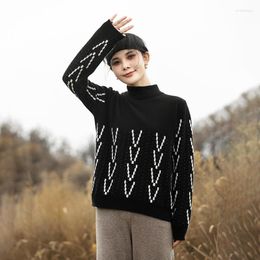 Women's Sweaters Cashmere Pullover Autumn/Winter Half Turtleneck Wool Sweater Casual Geometric Knit Loose Fashion Ladies Tops Pull Black