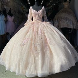 Pink V-Neck Ball Gown Quinceanera Dresses Applique Lace Beads Long Sleeved Princess Birthday Party Prom Gown vestidos de 15 anos