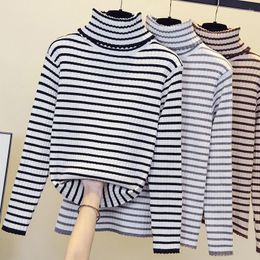 Women's Sweaters Black White Striped Turtleneck Korean Style Harajuku Spring Autumn Winter Knitted Vintage Pullover Fashion 2023