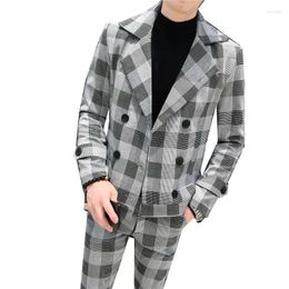 Men's Suits Autumn Winter Double Breasted Plaid Slim Suit 2 Pieces Sets Jacket Trousers / High Quality Dress Blazer Coat Pants